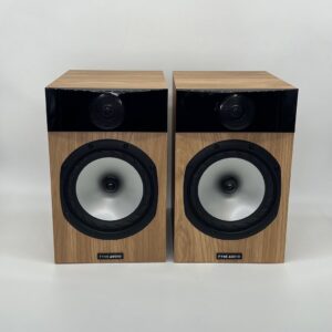 Fyne Audio F300 Light Oak Bookshelf Speakers Pre-Owned Front View Grilles Off, Available at Loud and Clear Glasgow, Scotland, U.K.