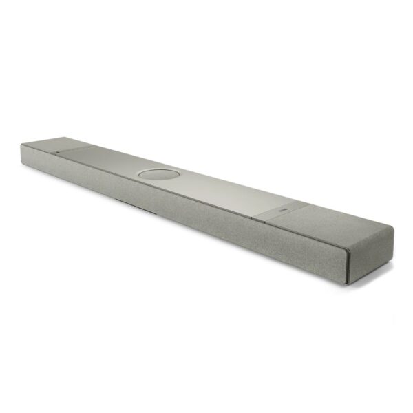 KEF XIO Sound Bar Silver Grey New Angle View Available at Loud and Clear Glasgow Hifi Shop, Glasgow, Scotland, U.K.