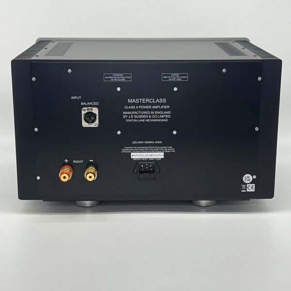 Sugden Masterclass MPA4 Mono Power Amplifier Silver Pre-owned L rear View, Available at Loud and Clear Glasgow, Scotland, U.K.