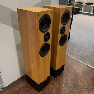 Living Voice Auditorium Series Avatar ii Floorstanding Speakers Maple Pre-Owned Angle View Grilles Off, Available at Loud and Clear Glasgow, Scotland, U.K.