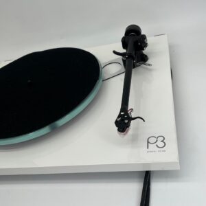 Rega Planar 3 Turntable with AT-VM95SH Cartridge White Pre-Owned Arm View Lid Off, Available at Loud and Clear Glasgow, Scotland, U.K.