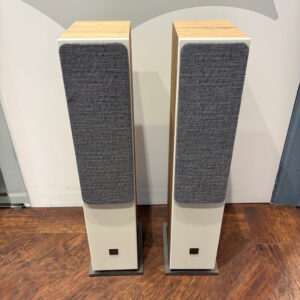 Dali Oberon 5 Floorstanding Speakers Pre-Owned Front View Grilles On, Available at Loud and Clear Glasgow, Scotland, U.K.