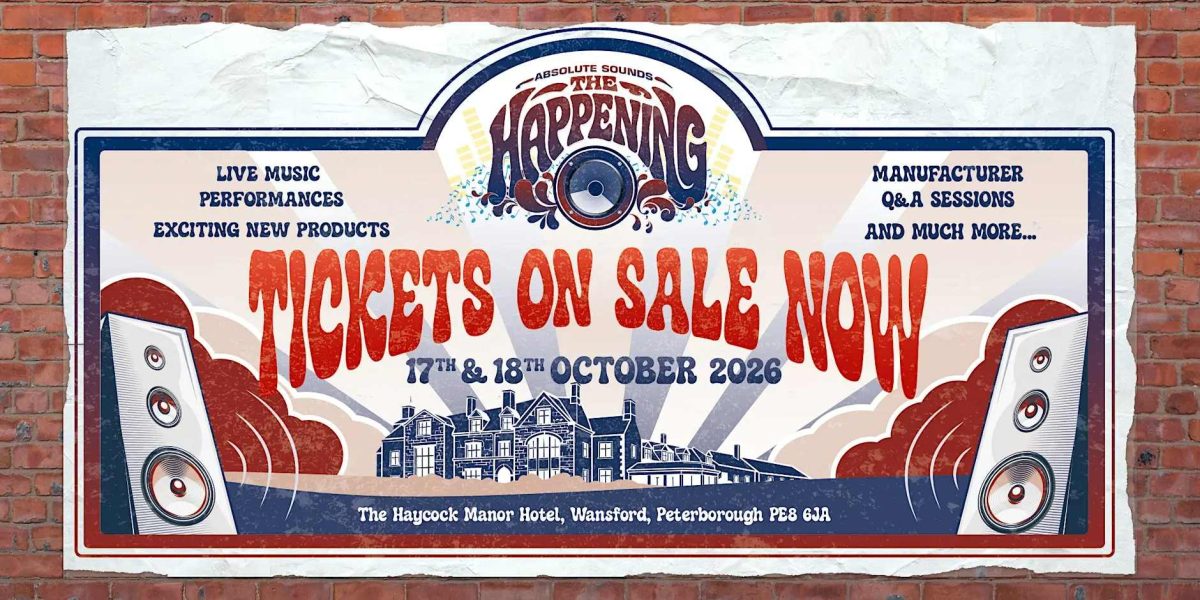 absolute sounds the happening hifi show and event october 2026 tickets on sale now banner with speakers in the corners and the hotel venue in the centre