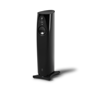 Linn 343 Floorstanding Speakers New Piano Black Angle View, high-end audio from loud and clear hi-fi, glasgow, scotland, uk